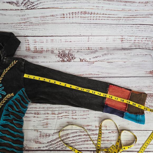 Rising International Zip up Hoodie Jacket L Patchwork Nepal Sage Multi Geo Boho - Picture 8 of 9